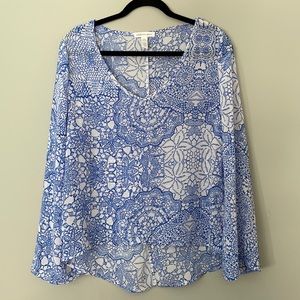 Blue and White Print Blouse by Ambiance Apparel, L
